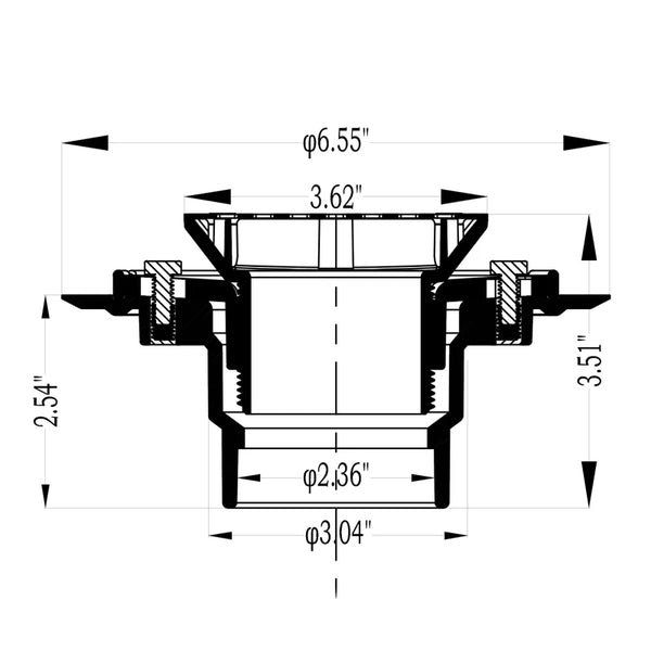 Square Shower Drain for Low Profile Shower Pan with SS304 Grating, Drain Flange PVC Material    UGSD001