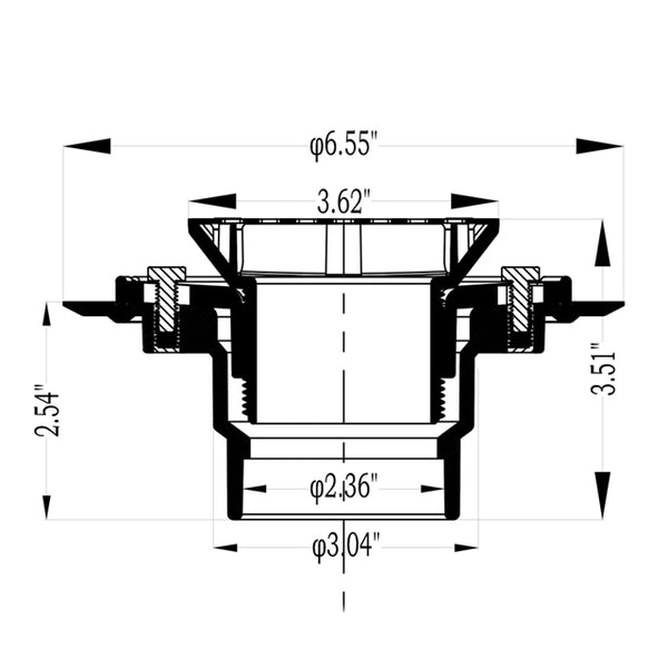 Square Shower Drain Low Profile Show Pan Drain with SS304 Grating Mission Style PVC Construction