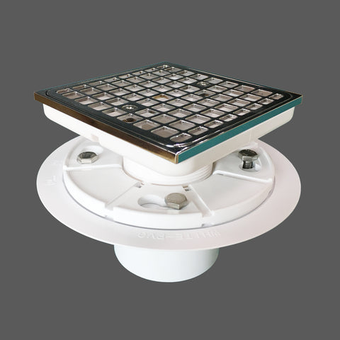 4-1/2" Tile In Shower Floor Drain Square Design and Height Adjustable, Chrome Plated, PVC Material