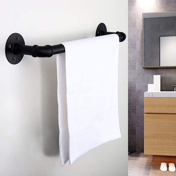 Industrial Pipe Towel Bar 18”, and 5 PCS Bathroom Hardware Sets Including Toilet Paper Holder, 3 pcs Robe Hooks in Matte Black Finish.