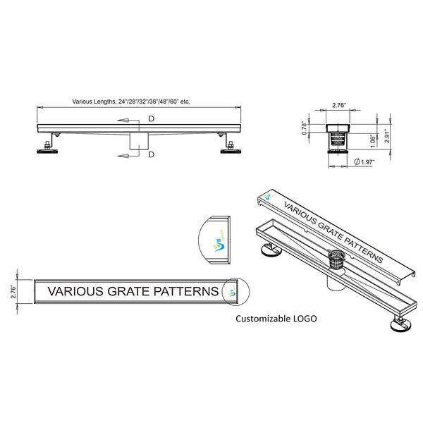 36 Inch Stainless Steel Linear Floor Drain Blind Style and Drain Base with Rubber Gasket